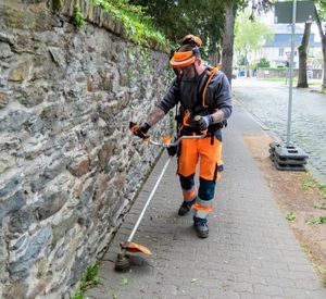 Das Bild zeigt einen Mann, der auf einem Bürgersteig mit einem Freischneider Laub entfernt. Rechts von dem Bürgersteig befindet sich eine Steinmauer. Links ist eine Straße zu erkennen.