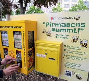 Das Foto zeigt einen umgerüsteten Kaugummi-Automaten für Blumensamen.