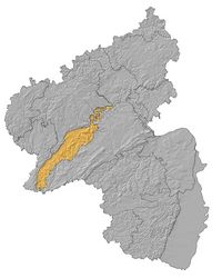 Die Abbildung zeigt eine Karte von Rheinland-Pfalz, auf welcher die Grenzen der Naturräume eingezeichnet sind. Der Naturraum Moseltal, welcher sich im Osten des Bundeslandes befindet, wurde gelb markiert, während der Rest der Karte grau ist.