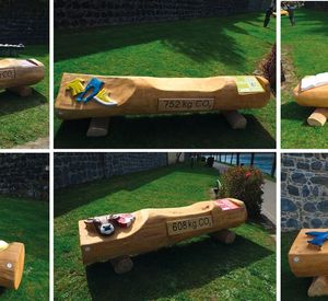 Klimabänke Das Foto zeigt sechs Klimabänke mit geschnitzten Symbolen, die das jeweilige Thema verdeutlichen