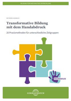 Das Bild zeigt die Titelseite des Handbuchs Transformative Bildung mit dem Handabdruck
