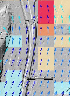 Die Abbildung ist ein Ausschnitt aus den Kartenwerken Klimaanpassung mit den Cold- & Hot-Spots sowie die Kaltluftstromdichte dargestellt. Die Region ist auf Zweibrücken eingeschränkt und stellt eine Vergrößerung der anderen Abbildung auf die Autobahn und das Industriegebiet dar.
