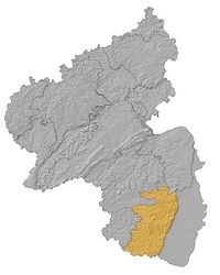 Die Abbildung zeigt eine Karte von Rheinland-Pfalz, auf welcher die Grenzen der Naturräume eingezeichnet sind. Der Naturraum Pfälzerwald, welcher sich im Süden des Bundeslandes befindet, wurde gelb markiert, während der Rest der Karte grau ist.