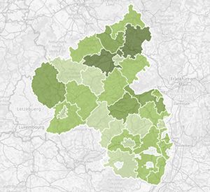 Das Bild zeigt eine Kartenabbildung der Gründachpotenziale auf Landkreisebene. Die Flächen werden abhängig von der Größe der geeignete Dachfläche pro Landkreis in unterschiedlichen Grüntönen dargestellt.