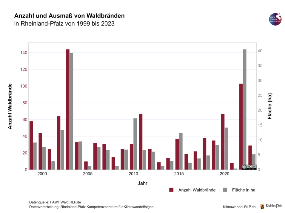 Die Abbildung zeigt die Entwicklung der Anzahl und des Ausmaßes von Waldbränden in Rheinland-Pfalz von 1999-2023 an Hand eines gruppierten Balkendiagramms. Graue Balken zeigen die Anzahl an Waldbränden, rote Balken die betroffene Fläche in ha.