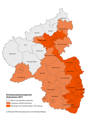 Die Karte zeigt die Meldungen von Eichenprozessionspinnern in Rheinland-Pfalz zwischen 2013-2017 aufgeteilt in die Landkreise. Die meisten Meldungen traten dabei im Südosten von Rheinland-Pfalz auf, während es im Nordwesten noch Landkreise ohne Meldungen gibt.