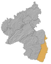 Die Abbildung zeigt eine Karte von Rheinland-Pfalz, auf welcher die Grenzen der Naturräume eingezeichnet sind. Der Naturraum Vorderpfälzische Rheinebene, welcher sich im Südosten des Bundeslandes befindet, wurde gelb markiert, während der Rest der Karte grau ist. Die Abbildung zeigt eine Karte von Rheinland-Pfalz, auf welcher die Grenzen der Naturräume eingezeichnet sind. Der Naturraum Vorderpfälzische Rheinebene, welcher sich im Südosten des Bundeslandes befindet, wurde gelb markiert, während der Rest der Karte grau ist.