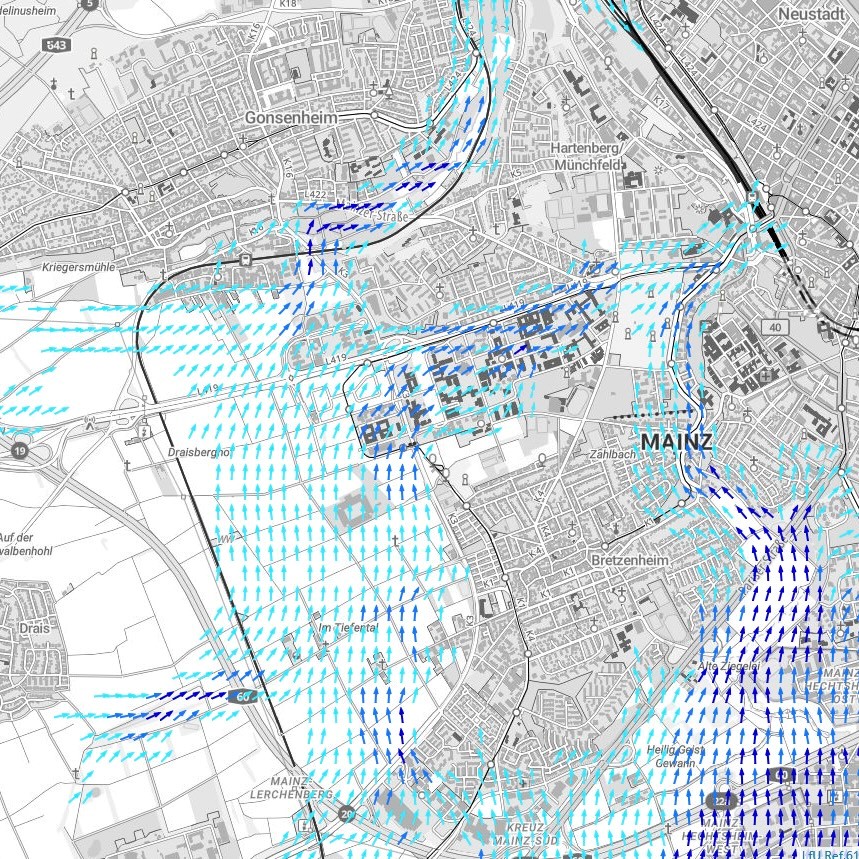 Eine Karte eines Ausschnitts von Mainz und zugehörige Kaltluftpfeile, die die Volumenstromdichte darstellen für die KLAM21-Simulationen des LfU RLP (100m).