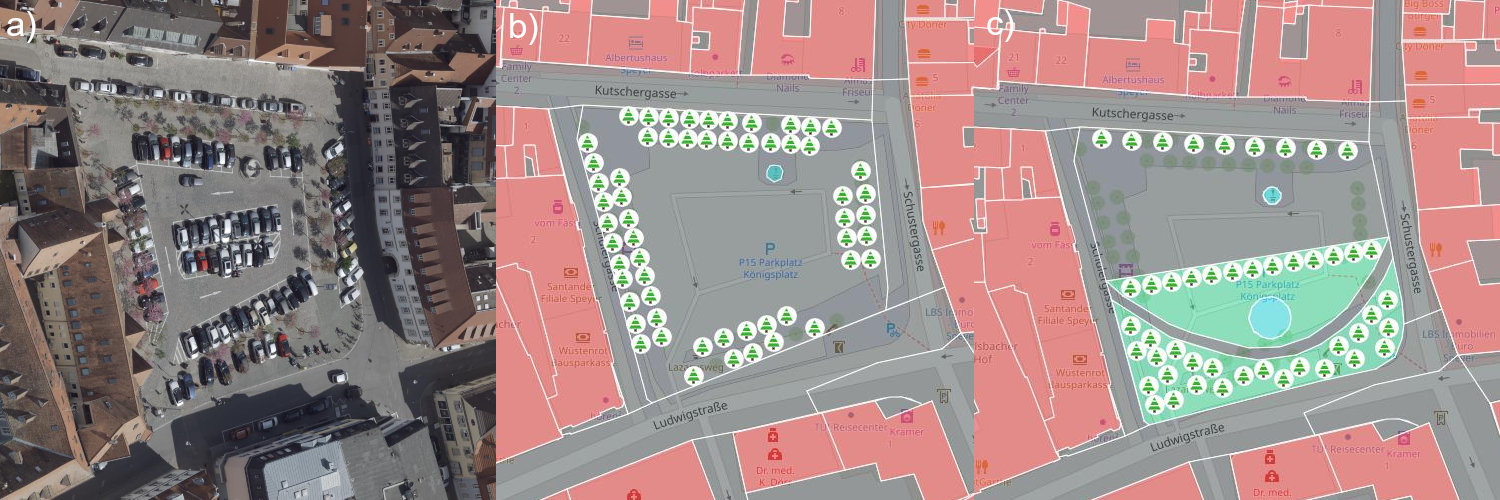 Die Abbildung zeigt den Ist-Zustand (a,b) und den angepassten Zustand (c) des Königsplatzes in Speyer. Abbildung a) zeigt ein Satellitenbild der Parkplatzsituation auf dem Platz, während b) und c) den Zustandes des Platzes im Geoinformationssystem darstellen. Die Abbildung zeigt den Ist-Zustand (a,b) und den angepassten Zustand (c) des Königsplatzes in Speyer. Abbildung a) zeigt ein Satellitenbild der Parkplatzsituation auf dem Platz, während b) und c) den Zustandes des Platzes im Geoinformationssystem darstellen.