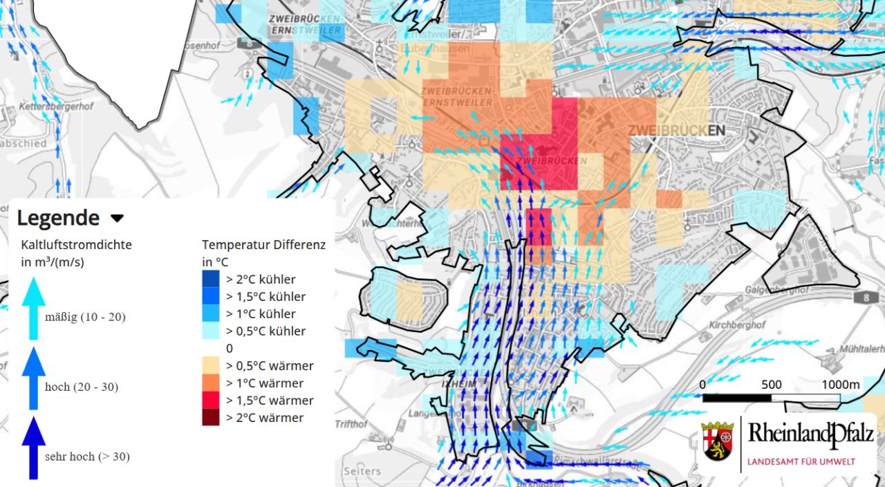 Die Abbildung ist ein Ausschnitt aus den Kartenwerken Klimaanpassung mit den Cold- & Hot-Spots sowie die Kaltluftstromdichte dargestellt. Die Region ist auf Zweibrücken eingeschränkt. Die Abbildung ist ein Ausschnitt aus den Kartenwerken Klimaanpassung mit den Cold- & Hot-Spots sowie die Kaltluftstromdichte dargestellt. Die Region ist auf Zweibrücken eingeschränkt.