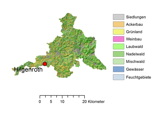 Die Abbildung zeigt eine Karte des Naturraums Siegerbergland, auf der die Position der Ortsgemeinde Hilgenroth im Südwesten mit einem roten Punkt markiert wird. Die Landnutzungen Siedlungen, Ackerflächen, Grünland, Weinbau, Laubwälder, Nadelwälder, Mischwälder, Gewässer und Feuchtgebiete werden auf der Karte durch unterschiedliche Farben gekennzeichnet. Vorherrschende Landnutzungen sind Nadelwald (25,3 %) und Grünland (21,2 %). Siedlungsflächen sind konzentriert erkennbar und machen 10,2 % der Fläche aus. Die Abbildung zeigt eine Karte des Naturraums Siegerbergland, auf der die Position der Ortsgemeinde Hilgenroth im Südwesten mit einem roten Punkt markiert wird. Die Landnutzungen Siedlungen, Ackerflächen, Grünland, Weinbau, Laubwälder, Nadelwälder, Mischwälder, Gewässer und Feuchtgebiete werden auf der Karte durch unterschiedliche Farben gekennzeichnet. Vorherrschende Landnutzungen sind Nadelwald (25,3 %) und Grünland (21,2 %). Siedlungsflächen sind konzentriert erkennbar und machen 10,2 % der Fläche aus.