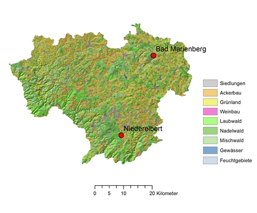 Die Abbildung zeigt eine Karte des Naturraums Westerwald, auf der die Positionen der Orte Bad Marienberg im Nordosten und Niederelbert im Süden mit roten Punkten markiert werden. Die Landnutzungen Siedlungen, Ackerflächen, Grünland, Weinbau, Laubwälder, Nadelwälder, Mischwälder, Gewässer und Feuchtgebiete werden auf der Karte durch unterschiedliche Farben gekennzeichnet. Vorherrschende Landnutzungen sind Grünland (29,3 %) und Laubwald (17,3 %). Siedlungsflächen sind konzentriert erkennbar und machen 7,7 % der Fläche aus. Die Abbildung zeigt eine Karte des Naturraums Westerwald, auf der die Positionen der Orte Bad Marienberg im Nordosten und Niederelbert im Süden mit roten Punkten markiert werden. Die Landnutzungen Siedlungen, Ackerflächen, Grünland, Weinbau, Laubwälder, Nadelwälder, Mischwälder, Gewässer und Feuchtgebiete werden auf der Karte durch unterschiedliche Farben gekennzeichnet. Vorherrschende Landnutzungen sind Grünland (29,3 %) und Laubwald (17,3 %). Siedlungsflächen sind konzentriert erkennbar und machen 7,7 % der Fläche aus.